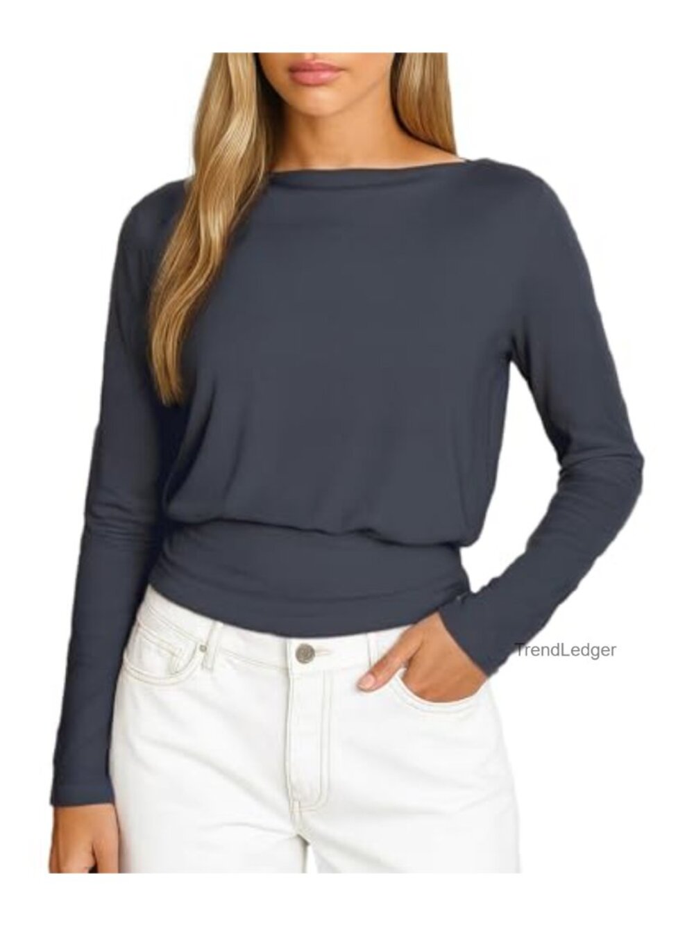 Women's Modal Blend Ruched Waist Long Sleeve Crewneck Top
